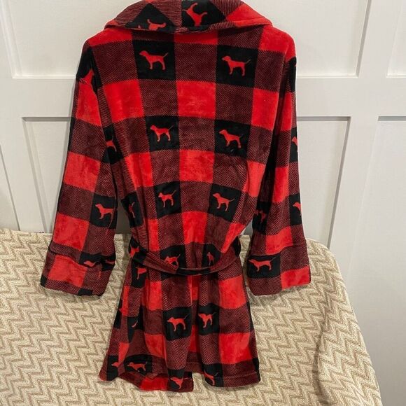 Victoria's Secret PINK Buffalo Check Fleece Robe Red Black Women's XS/S - Picture 6 of 6